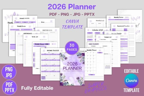 Editable 2026 Planner Canva Template KDP. Yearly Planner