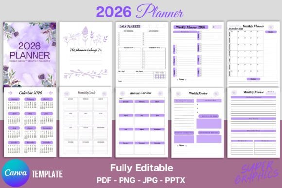 Editable 2026 Planner Canva Template KDP. Yearly Planner