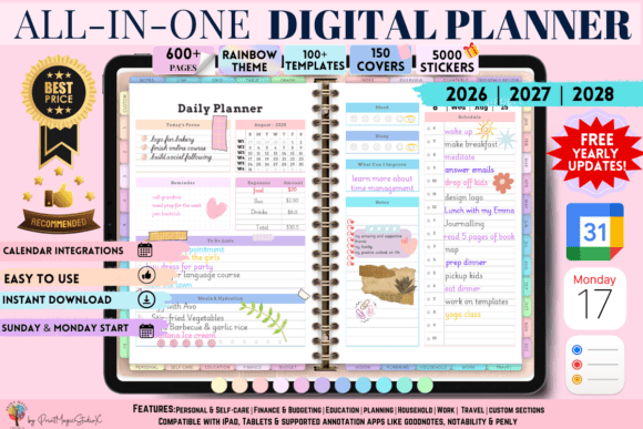 All-in-One Digital Planner. Daily Planner, Weekly Planner, Monthly Planner, Yearly Planner