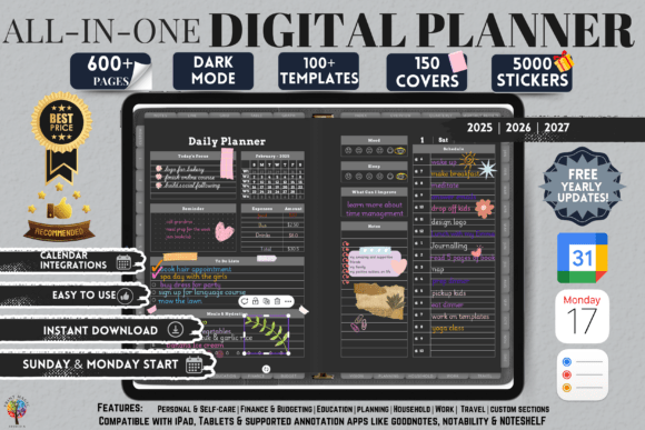 Dark Mode All in One Digital Sectioned Planner