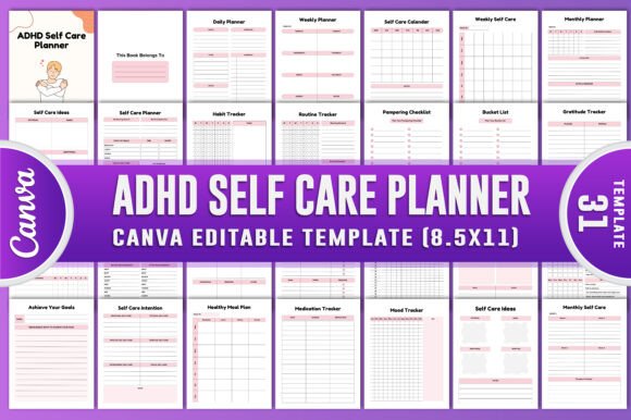 ADHD Self Care Planner Canva Kdp